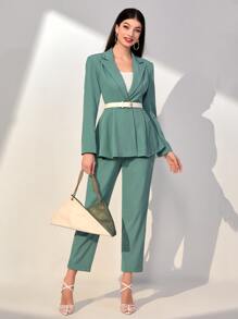 Mulvari Lapel Neck Flowy Hem Blazer & Trousers Without Belt - Green - View 1