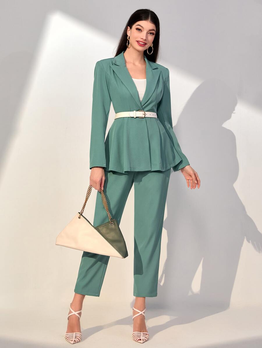 Mulvari Lapel Neck Flowy Hem Blazer & Trousers Without Belt - Green - View 1