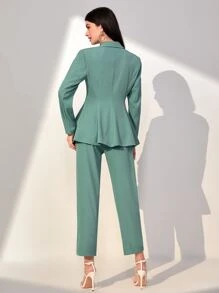 Mulvari Lapel Neck Flowy Hem Blazer & Trousers Without Belt - Green - View 2