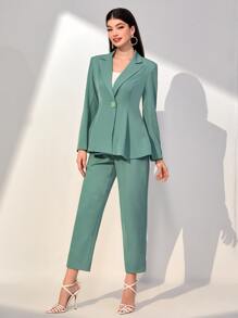 Mulvari Lapel Neck Flowy Hem Blazer & Trousers Without Belt - Green - View 3