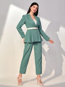 Mulvari Lapel Neck Flowy Hem Blazer & Trousers Without Belt - Green - View 4