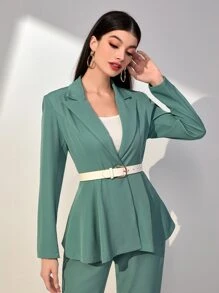 Mulvari Lapel Neck Flowy Hem Blazer & Trousers Without Belt - Green - View 5