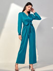 Modelyn Surplice Neck Belted Jumpsuit - Teal Blue - View 1