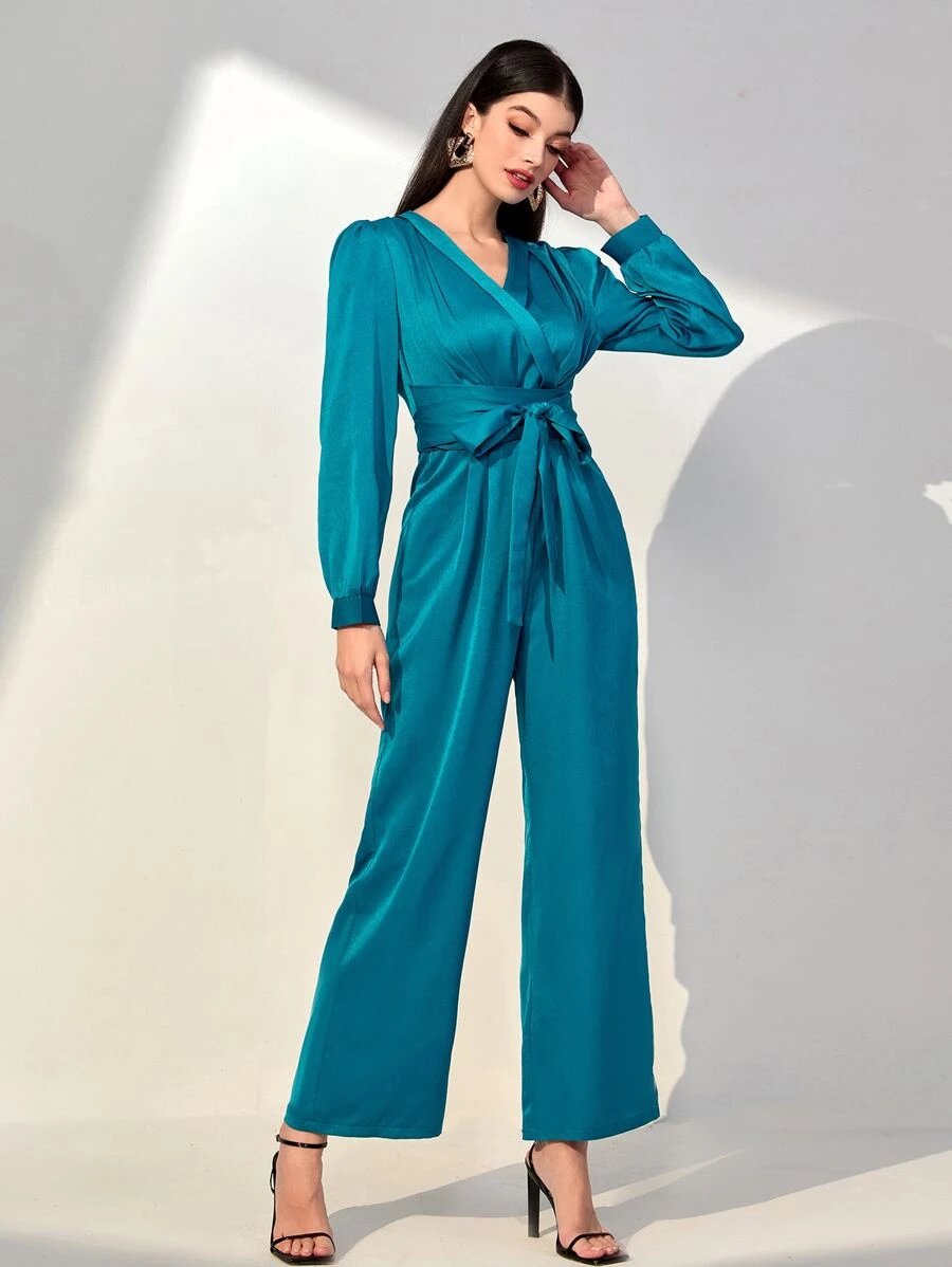 Modelyn Surplice Neck Belted Jumpsuit - Teal Blue - View 1