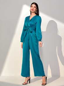 Modelyn Surplice Neck Belted Jumpsuit - Teal Blue - View 3