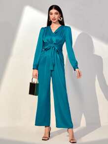 Modelyn Surplice Neck Belted Jumpsuit - Teal Blue - View 4