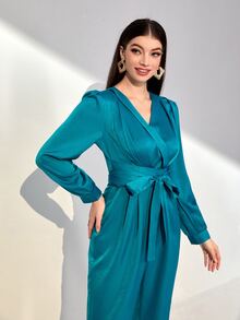 Modelyn Surplice Neck Belted Jumpsuit - Teal Blue - View 5