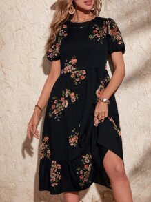 SHEIN Clasi Floral Print Puff Sleeve Dress - Black - View 1