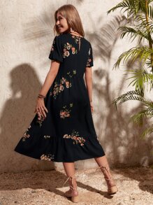 SHEIN Clasi Floral Print Puff Sleeve Dress - Black - View 2
