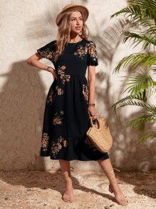 SHEIN Clasi Floral Print Puff Sleeve Dress - Black - View 3