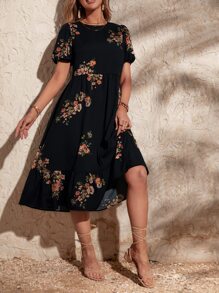 SHEIN Clasi Floral Print Puff Sleeve Dress - Black - View 4