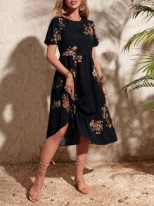 SHEIN Clasi Floral Print Puff Sleeve Dress - Black - View 5