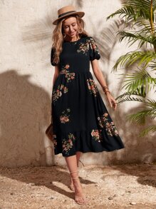 SHEIN Clasi Floral Print Puff Sleeve Dress - Black - View 7