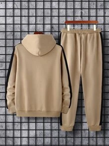Manfinity Homme Men Letter Graphic Kangaroo Pocket Drawstring Hoodie & Joggers - Khaki - View 3