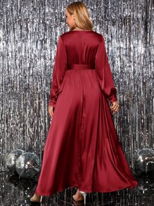 SHEIN 孕婦交疊領繫腰帶洋裝 - 酒紅色 - 查看 2