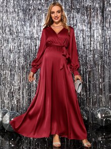 SHEIN 孕婦交疊領繫腰帶洋裝 - 酒紅色 - 查看 4