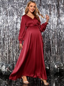 SHEIN 孕婦交疊領繫腰帶洋裝 - 酒紅色 - 查看 5