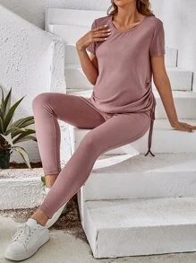 SHEIN Bộ đồ hai mảnh Bà bầu Dây kéo Xù màu trơn Giải trí - Bụi hồng - Xem 1