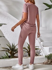 SHEIN Bộ đồ hai mảnh Bà bầu Dây kéo Xù màu trơn Giải trí - Bụi hồng - Xem 2