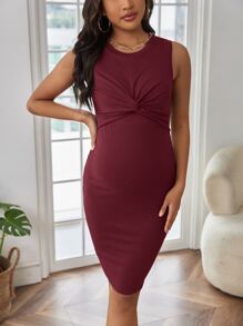 SHEIN Maternity Twist Front Rib-knit Tank Dress - Burgundy - View 4