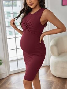 SHEIN Maternity Twist Front Rib-knit Tank Dress - Burgundy - View 5