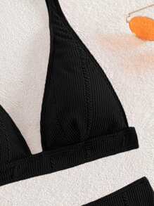 SHEIN Swim Summer Beach Ribbed Bikini Set Tank Bra & High Waisted Bottom 2 Piece Bathing Suit - Black - View 5