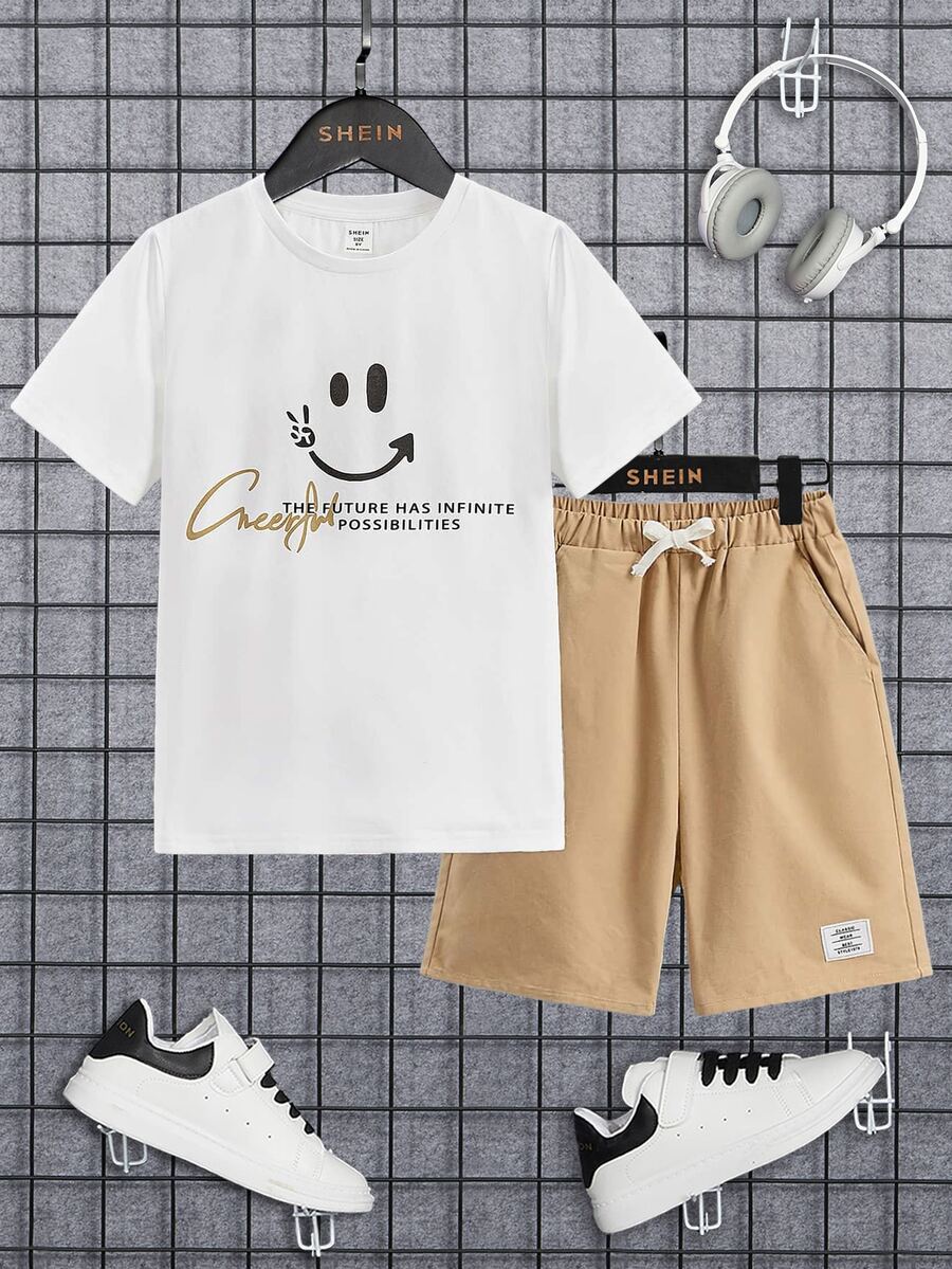 SHEIN Boys Cartoon & Slogan Graphic Tee & Drawstring Waist Shorts - Multicolor - View 1