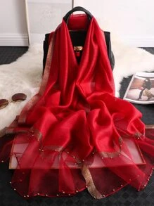 優雅假珍珠裝飾圍巾 - 紅色 - 查看 3