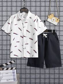 SHEIN Boys Feather Print Shirt & Drawstring Waist Shorts - Black and White - View 1