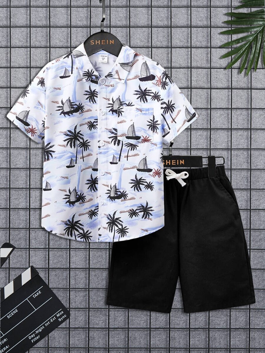 SHEIN Leap Crew Tween Boy Tropical Print Shirt & Drawstring Waist Shorts - Black - View 1