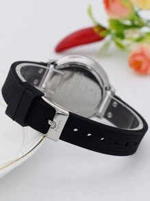 極簡風格圓形指針石英手錶 - 黑色 - 查看 2