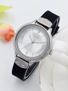 極簡風格圓形指針石英手錶 - 黑色 - 查看 3