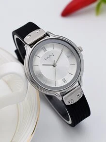 極簡風格圓形指針石英手錶 - 黑色 - 查看 4