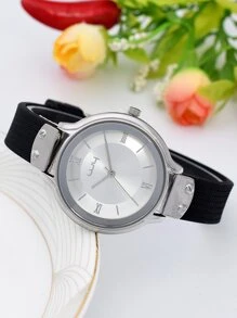 極簡風格圓形指針石英手錶 - 黑色 - 查看 5