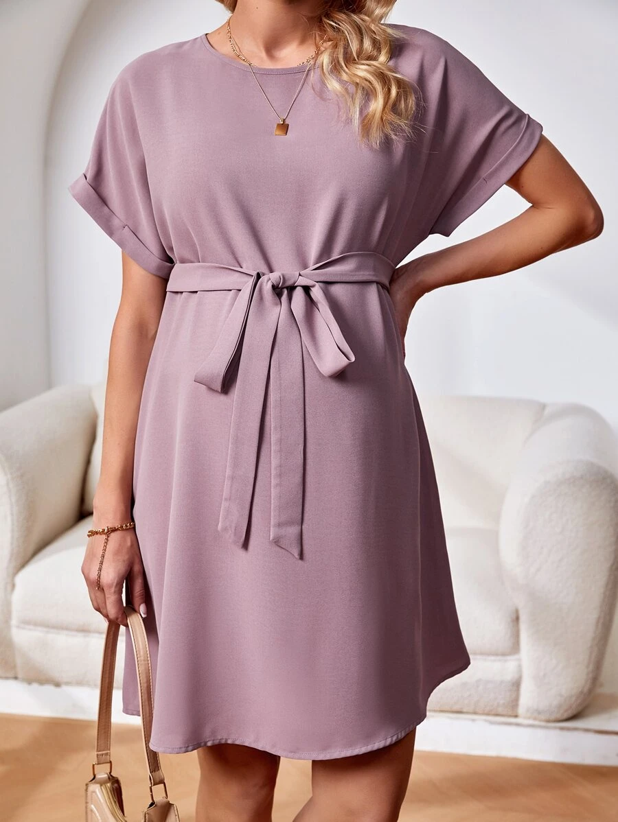 SHEIN 孕婦蝙蝠袖繫腰帶連衣裙 - 淡紫色 - 查看 1