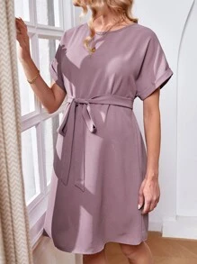 SHEIN 孕婦蝙蝠袖繫腰帶連衣裙 - 淡紫色 - 查看 5