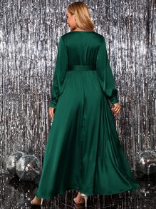 MaterniChic Maternity Surplice Neck Belted Long Sleeve Dress , For Party - Dark Green - View 2