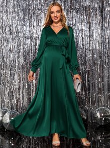 MaterniChic Maternity Surplice Neck Belted Long Sleeve Dress , For Party - Dark Green - View 5
