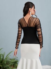 Modelyn Ruched Contrast Mesh Top - Black - View 2
