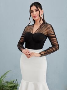 Modelyn Ruched Contrast Mesh Top - Black - View 5