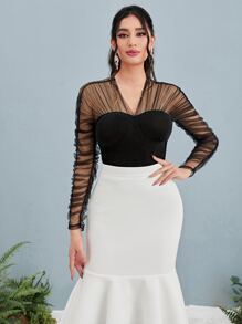 Modelyn Ruched Contrast Mesh Top - Black - View 1