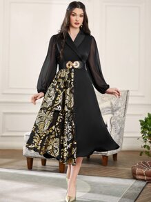 Modelyn Đầm Tương phản Mesh Trọn gói Hoa Thanh lịch - màu đen - Xem 1