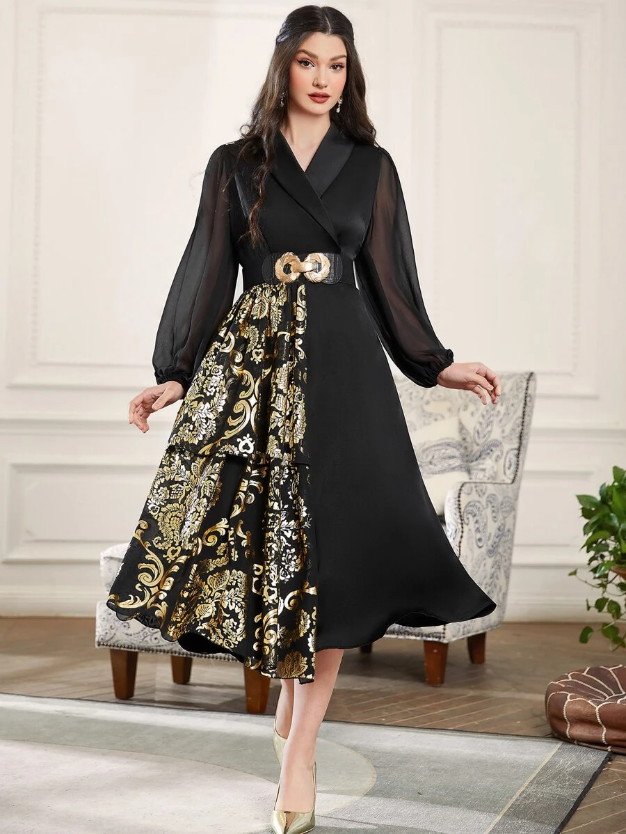 Modelyn Đầm Tương phản Mesh Trọn gói Hoa Thanh lịch - màu đen - Xem 1