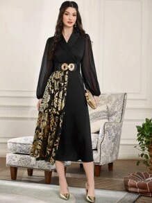 Modelyn Đầm Tương phản Mesh Trọn gói Hoa Thanh lịch - màu đen - Xem 3