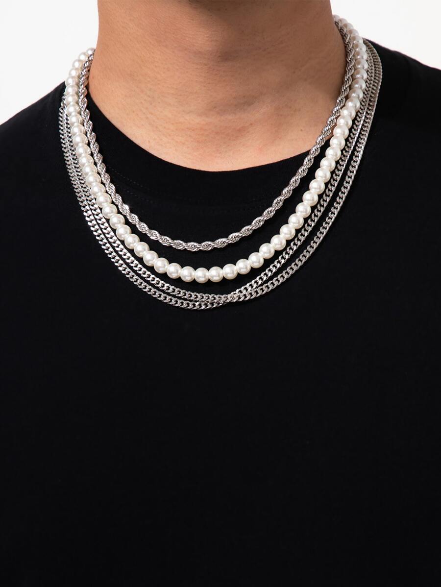 Vòng cổ đính cườm ngọc trai giả nam 4 chiếc - Nhiều màu - Xem 1