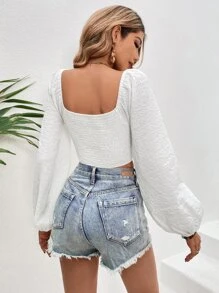 SHEIN VCAY Solid Lantern Sleeve Crop Blouse - White - View 2