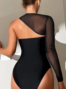 Solid One Shoulder One Piece Swimsuit - Black - View 2