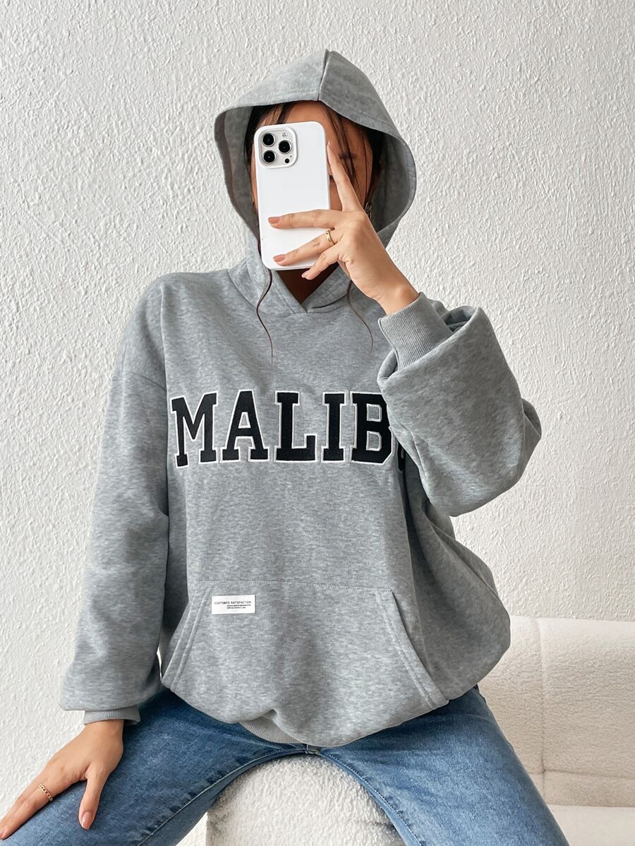 SHEIN EZwear Letter Graphic Kangaroo Pocket Drop Shoulder Hoodie - Grey - View 1