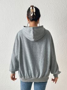 SHEIN EZwear Letter Graphic Kangaroo Pocket Drop Shoulder Hoodie - Grey - View 2