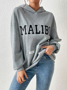 SHEIN EZwear Letter Graphic Kangaroo Pocket Drop Shoulder Hoodie - Grey - View 3